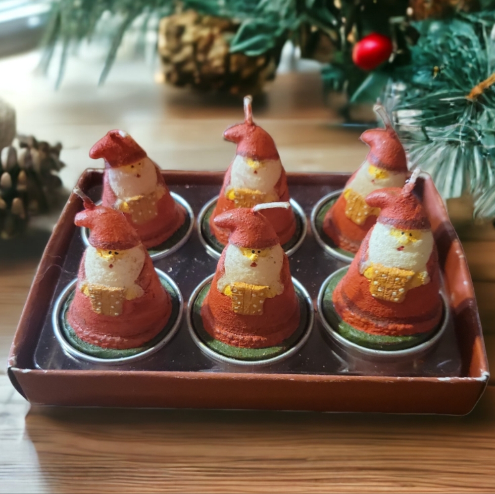 Vtg 6 Votive Tea Light Santa Claus Christmas Candles NIB